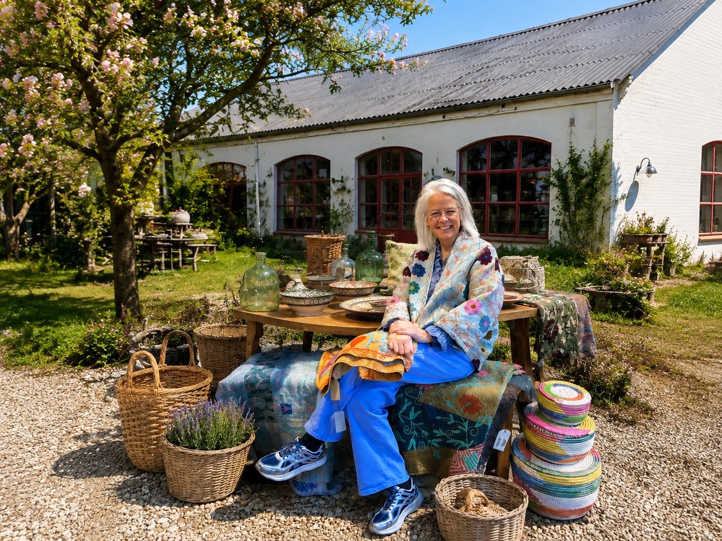 Marianne sidder udenfor Haugård mellem kurve, tekstiler og brugskunst på en solrig dag